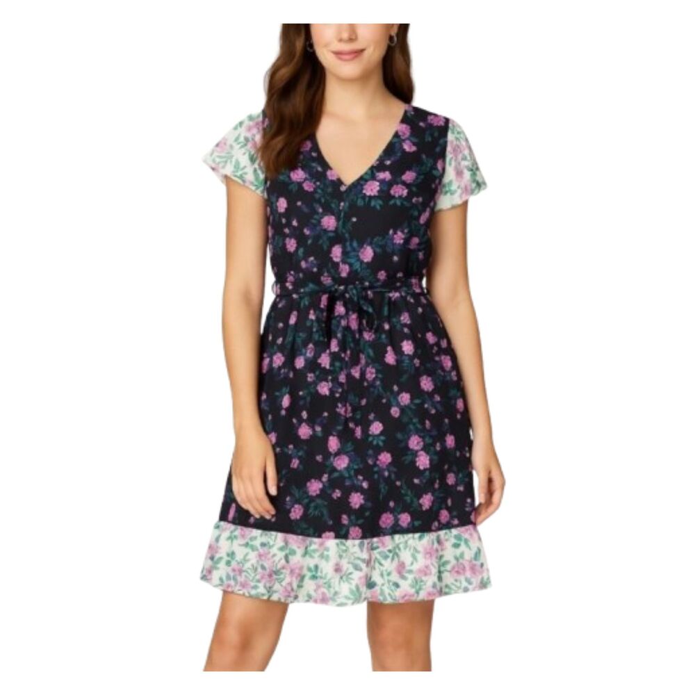 Betsey Johnson Floral Belted Black, Pink A-Line Mini Dress Size 12